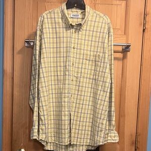 Men's Butter Yellow and Blue Plaid Shirt Cotton Vintage Sz XL